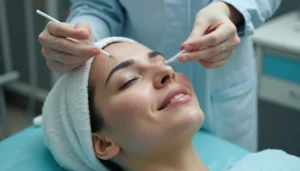 Dermatolog tarafindan kimyasal peeling uygulamasi yapilan klinik ortam