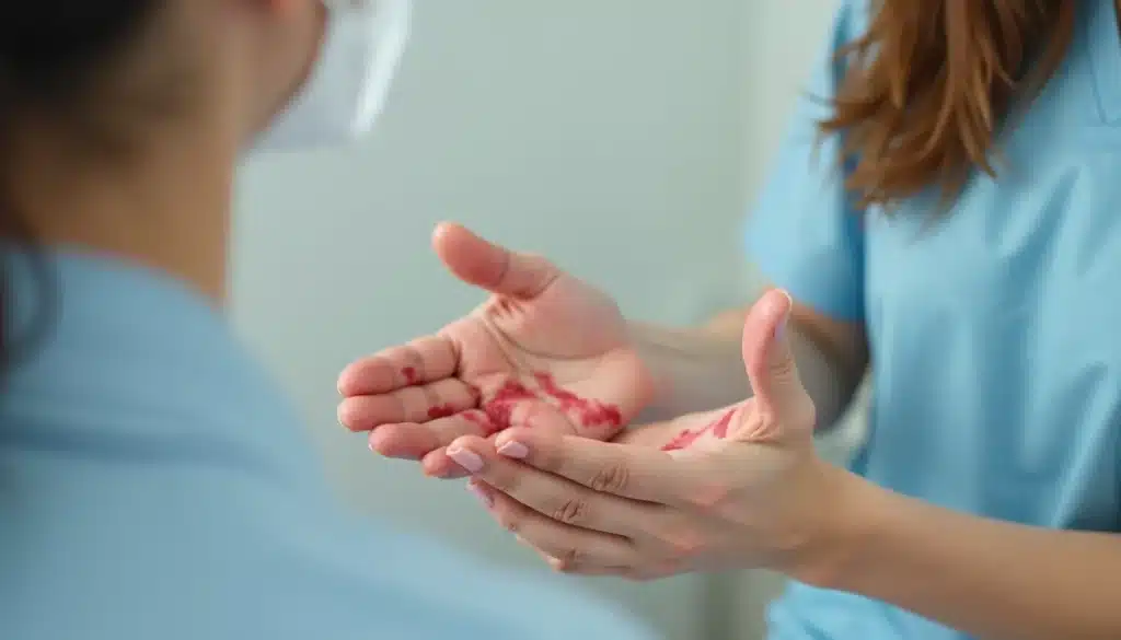 Kontakt dermatit belirtileri gösteren el cildinde kızarıklık ve kuruluk