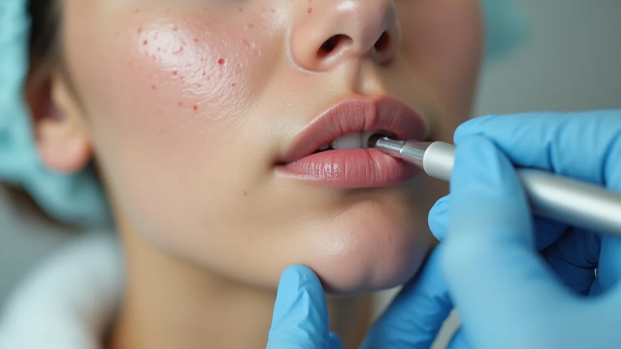 Dermatoloji uzmanının akne sonrası kızarıklık ve leke bulunan yanak bölgesini yakın planda incelemesi