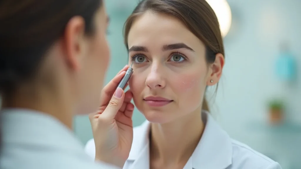 Modern bir dermatoloji kliniğinde sivilce lekesi ve cilt tonu eşitsizliği değerlendirmesi yapılan genç kadın hasta
