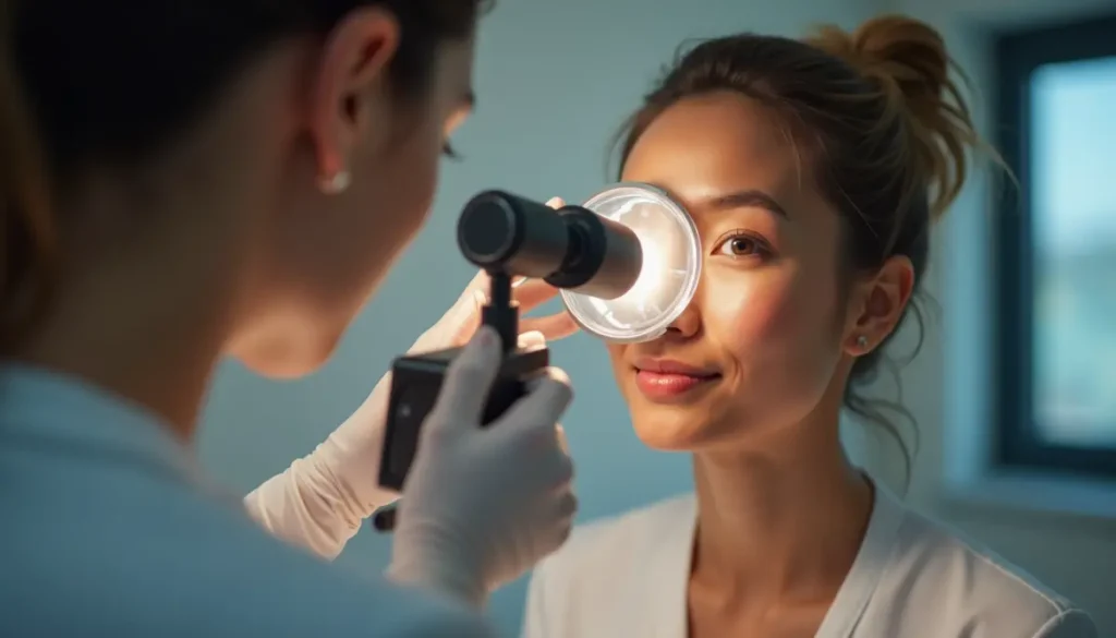 Dermatolog erken yaşlanma belirtileri için yüz muayenesi yapıyor